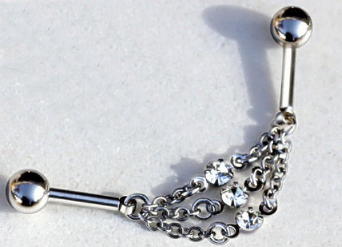 316L Stainless Steel Jeweled Triple Chain Industrial Barbell-2