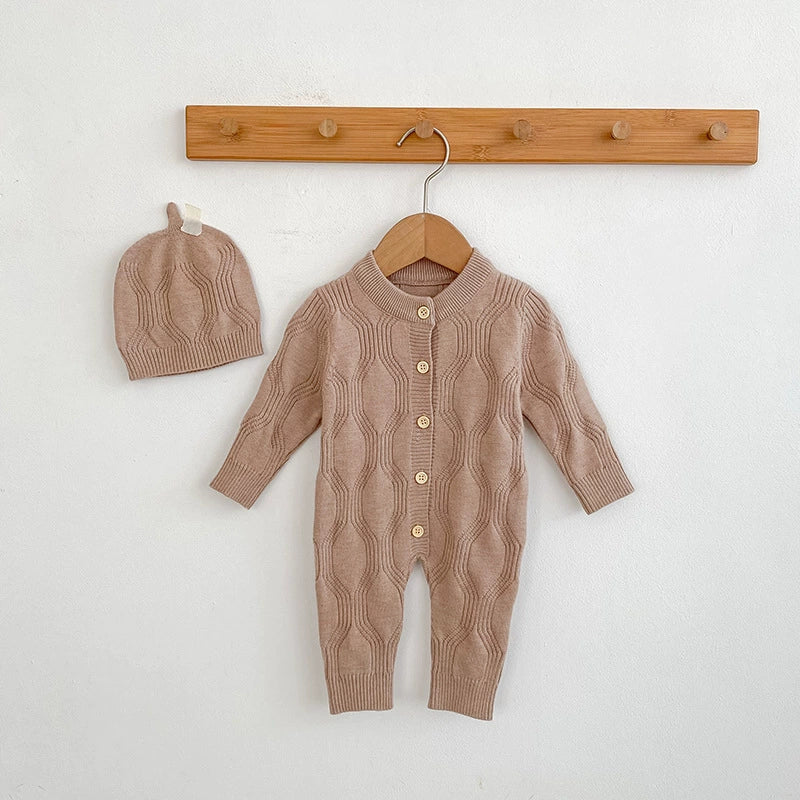 Autumn and Spring Arrival Unisex Baby’s Solid Color Geometric Pattern Knitted Rompers-4