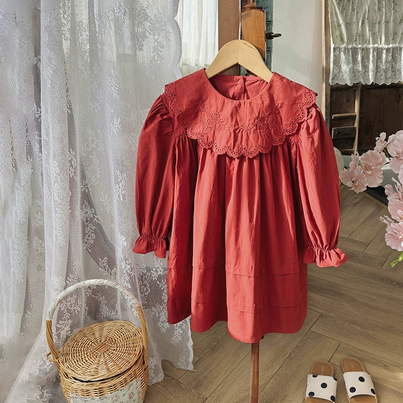 Arrival Autumn Girls Solid Color Flowers Embroidery Pattern Long Sleeves Dress-4