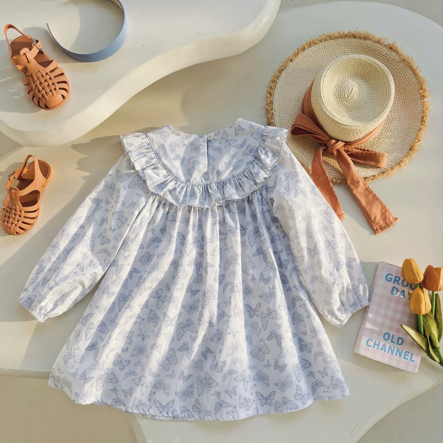 Arrival Autumn Girls Blue Butterfly Pattern Long Sleeves Dress-4