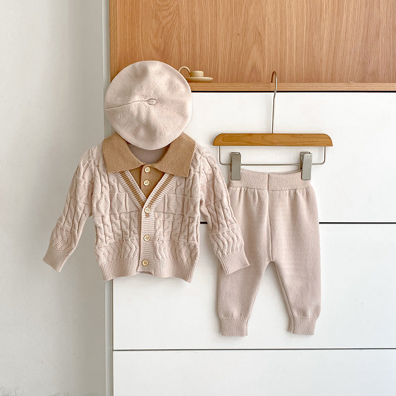 Arrival Autumn Baby Unisex Long Sleeves Geometric Pattern Knitted Top Cardigan and Long Trousers Clothing Set-4