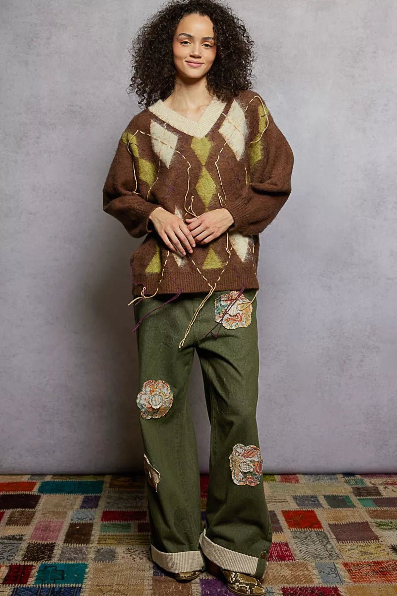 POL V - Neck Argyle Pattern Mohair Sweater with Contrast Exposed Stitch Detail - PBNJ FASHIONS