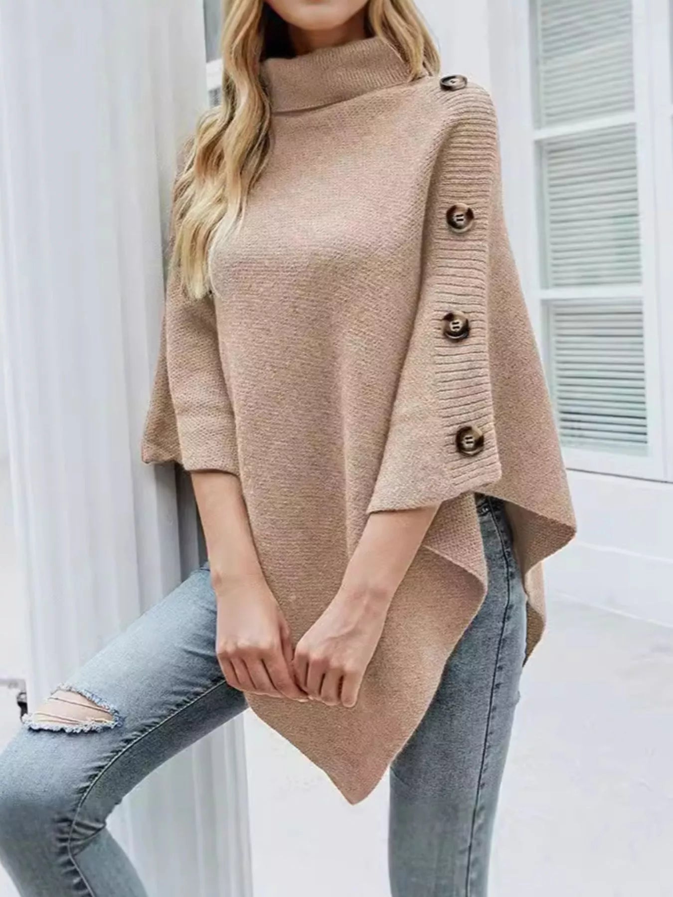 Button - Decor Turtleneck Poncho Pullover - PBNJ FASHIONS