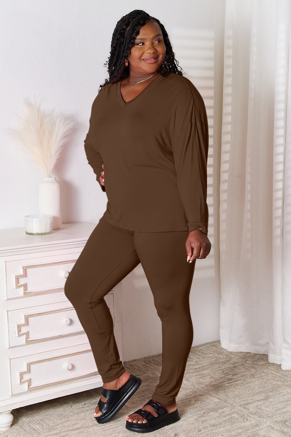 Basic Bae Full Size V - Neck Soft Rayon Long Sleeve Top and Pants Lounge Set - PBNJ FASHIONS