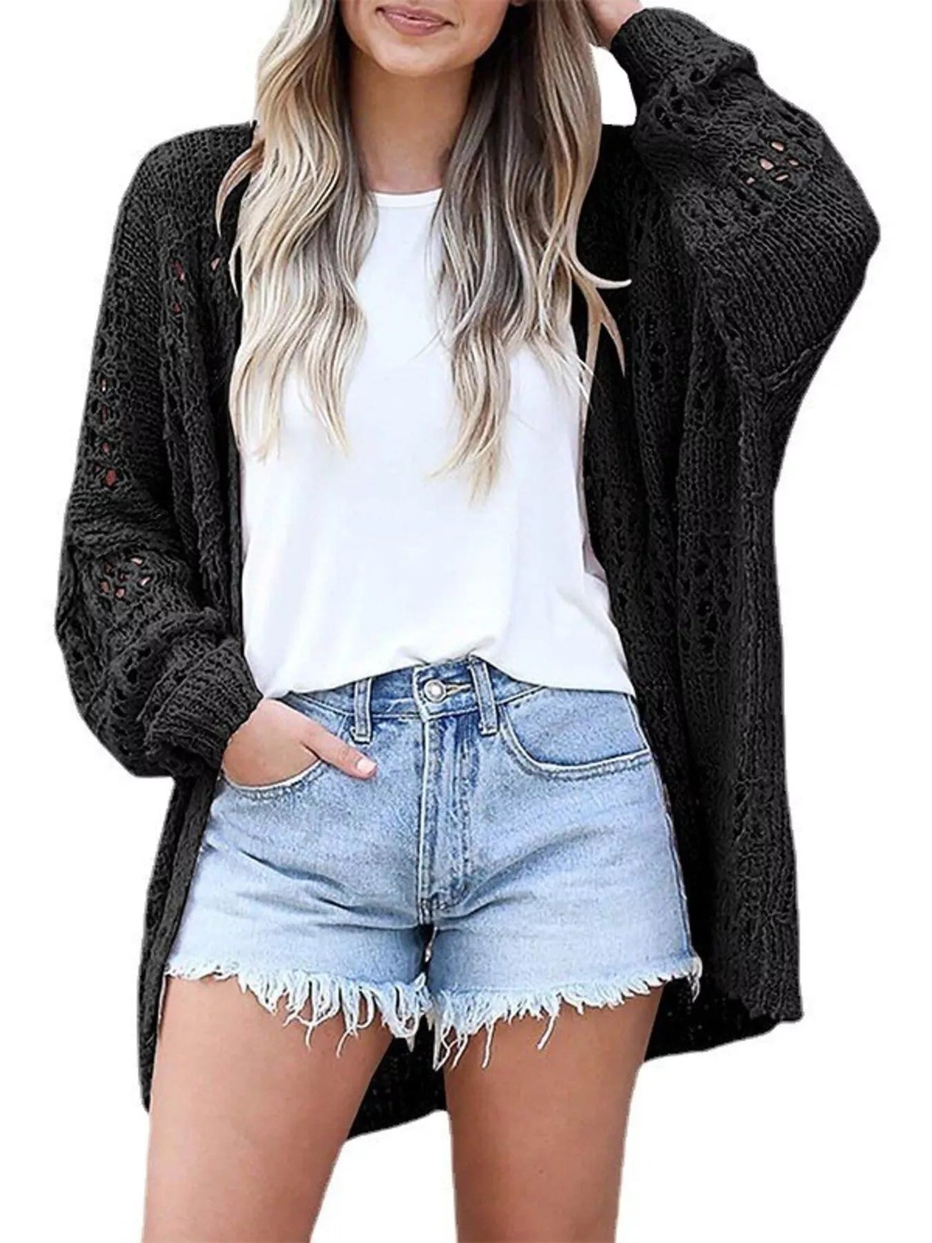 Full Size Openwork Open Front Lightweight Cardigan Plus Size - PBNJ FASHIONS