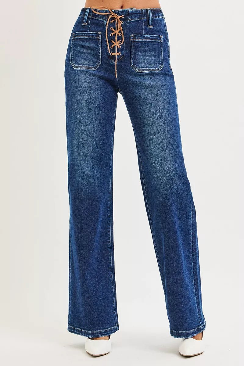 RISEN Full Size High Rise Wide Leg Jeans with Front Tie Detail Plus Size - PBNJ FASHIONS