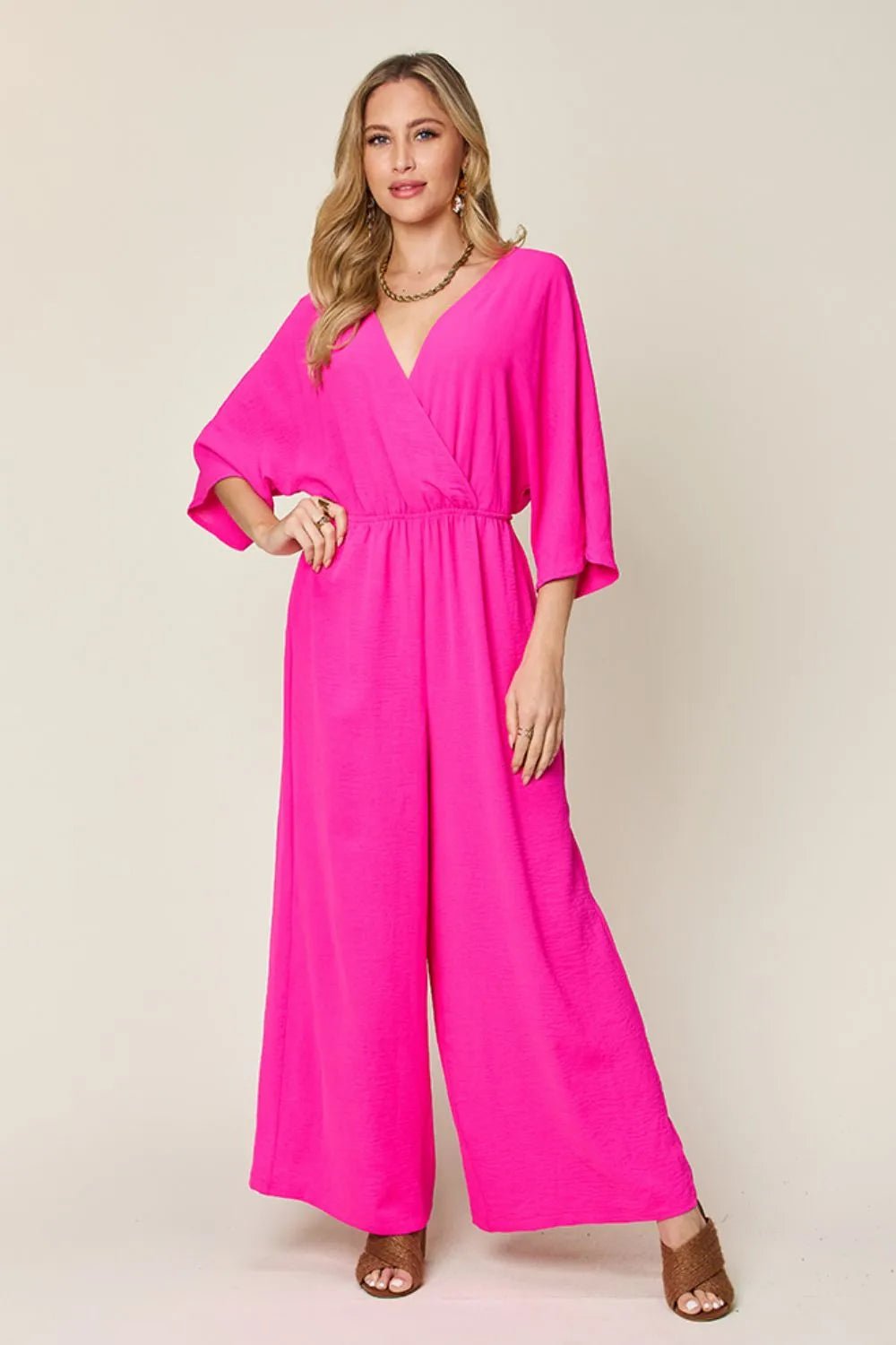 Double Take Full Size Surplice Wide Leg Jumpsuit with Pockets - PBNJ FASHIONS