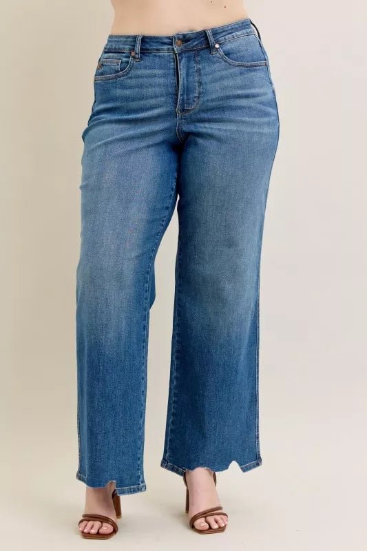 Judy Blue Full Size High Waist Tummy Control Chew Hem Destroy Wide Jeans Plus Size - PBNJ FASHIONS