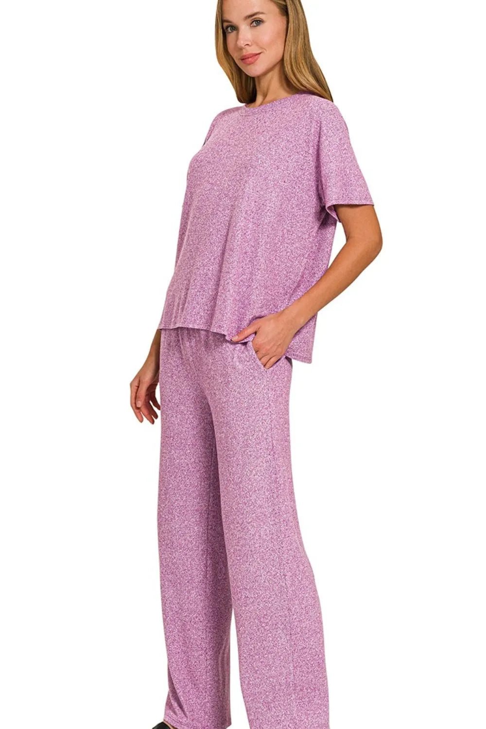 Zenana Soft Melange Short Sleeve Tee & Long Pants Set - PBNJ FASHIONS