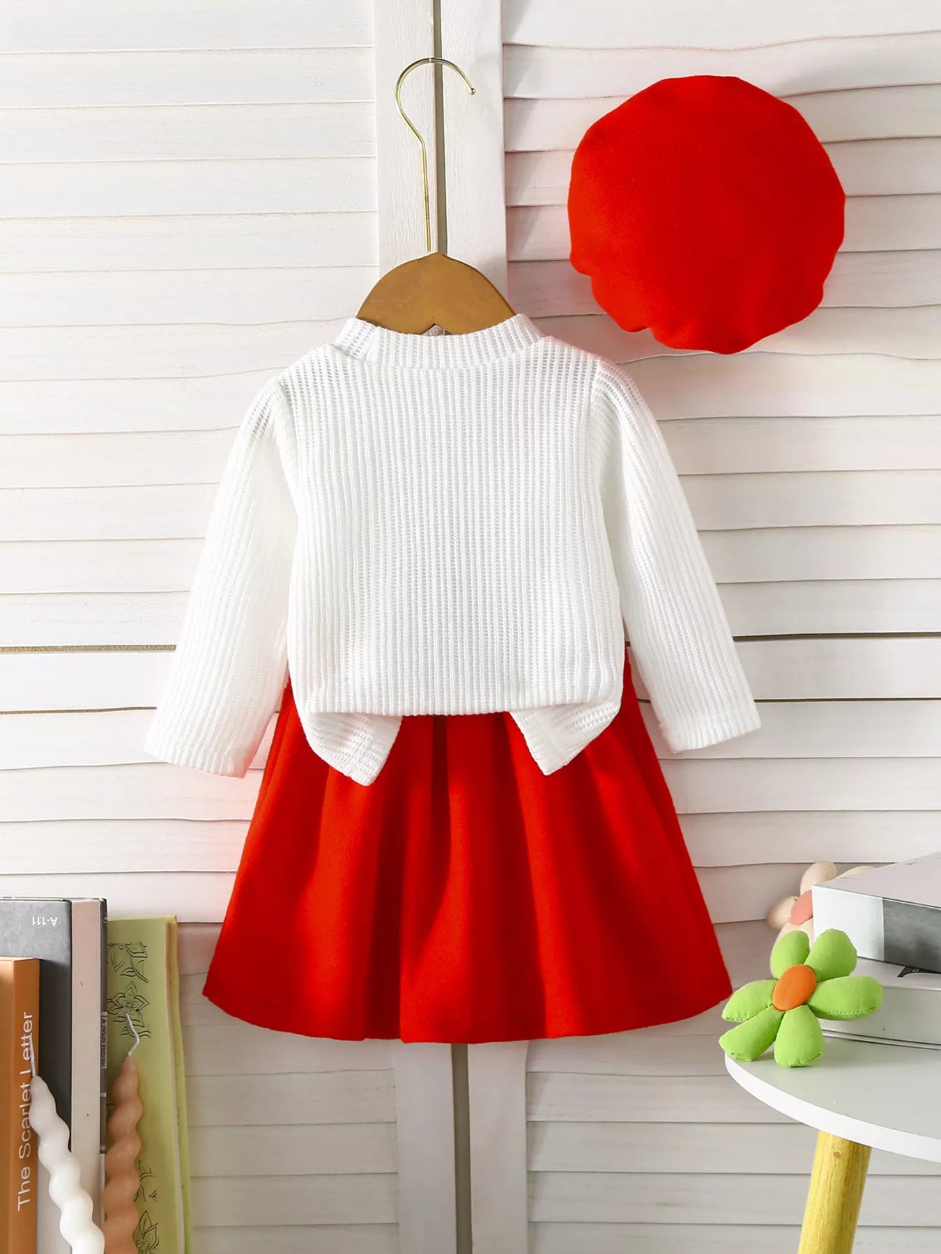 Children's Floral Applique Ribbed Knit Top & Pleated Skirt Set with Hat - PBNJ FASHIONS