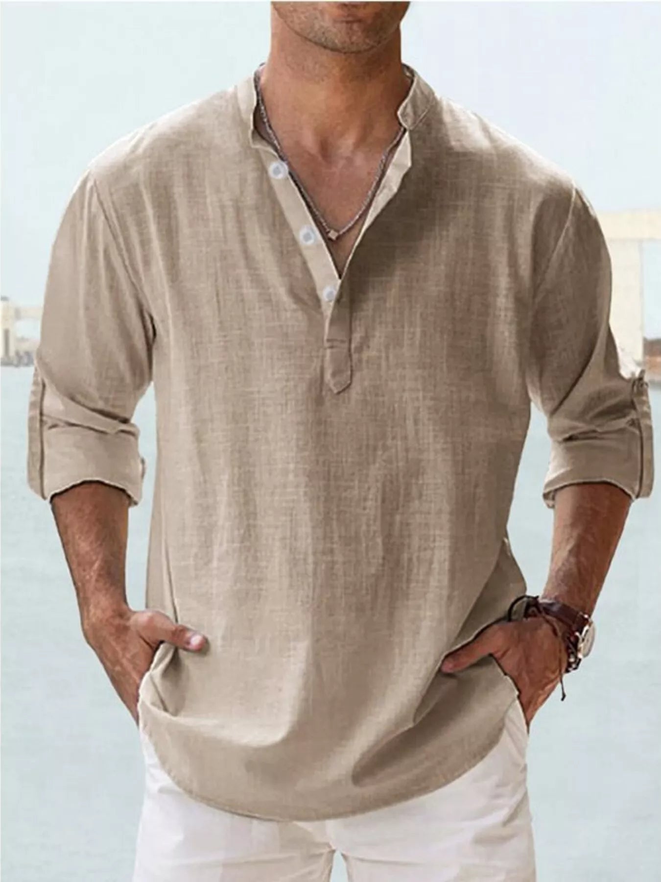 Men's Full Size Casual Button Detail Roll - Up Sleeve Blouse Plus Size - PBNJ FASHIONS