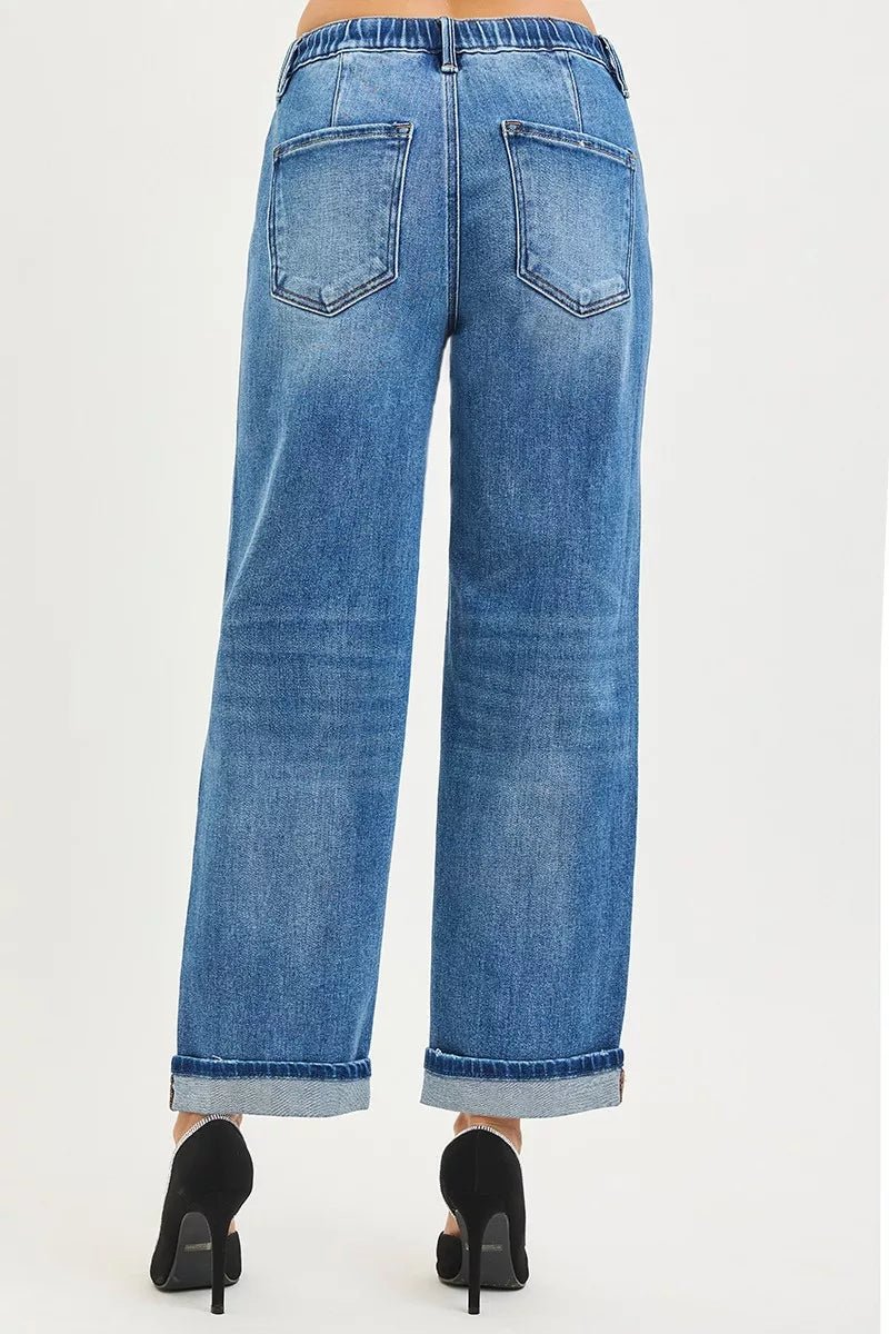 RISEN Elastic Band Slouch Ankle Boyfriend Cuffed Hem Jeans - PBNJ FASHIONS