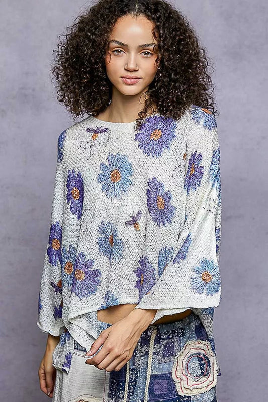 POL Floral Round Neck Rolling Edge Sweater - PBNJ FASHIONS