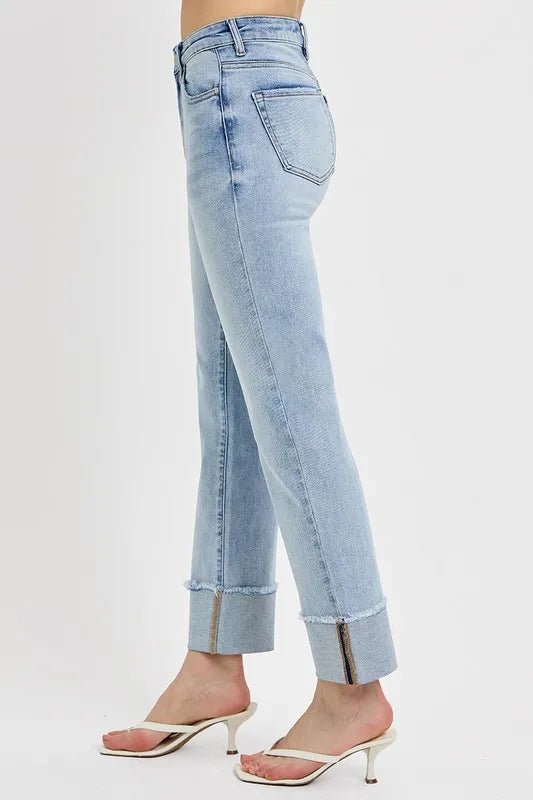 RISEN High Rise Straight Cuffed Relaxed Jeans - PBNJ FASHIONS