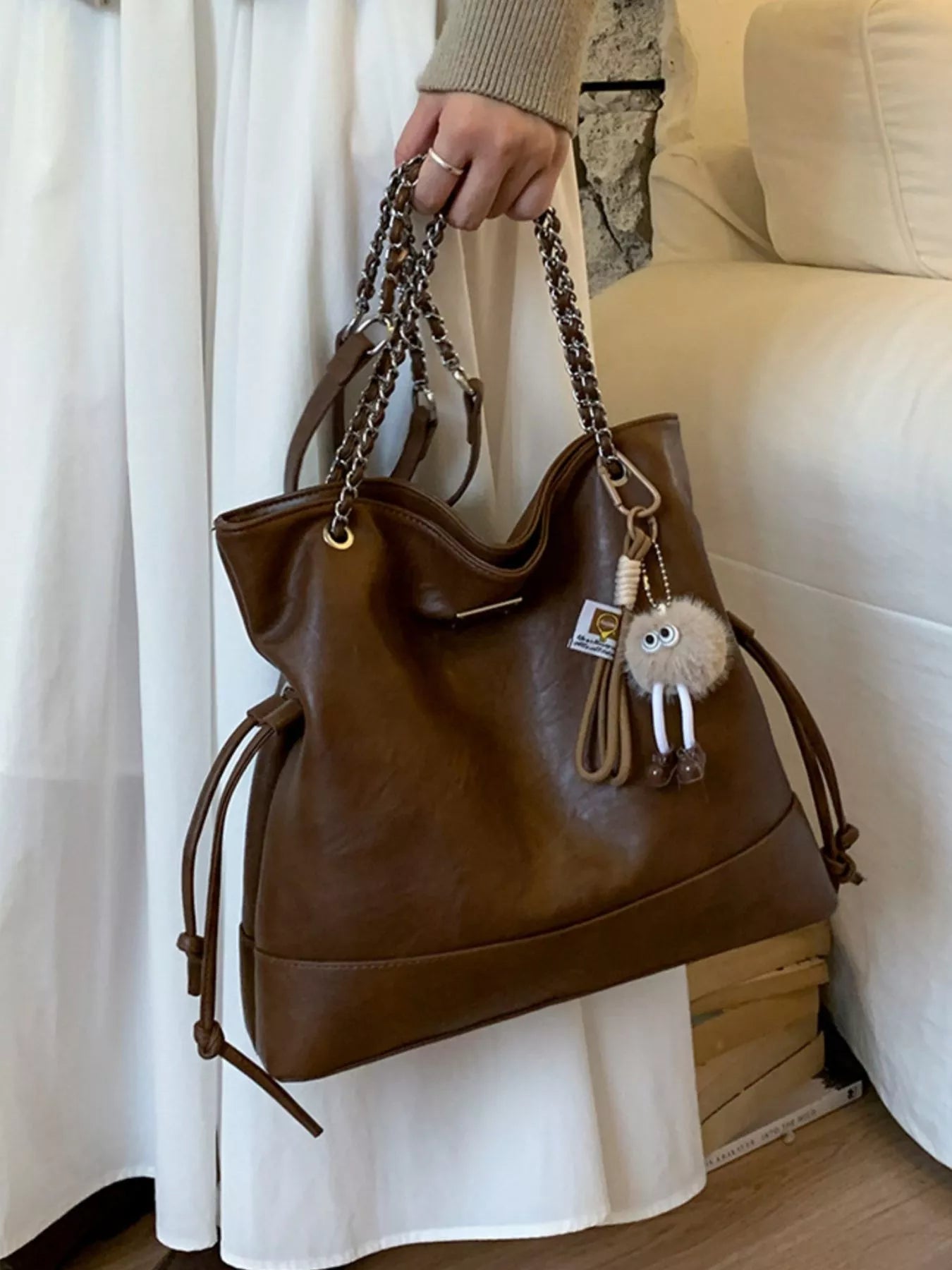 Chain Strap Faux Leather Tote Bag - PBNJ FASHIONS