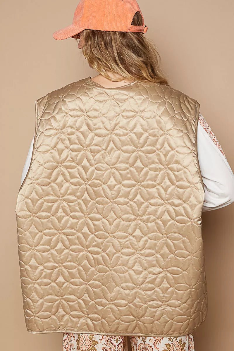 POL Front Zipper Floral Pattern Quilted Vest Coat with Front Pockets - PBNJ FASHIONS