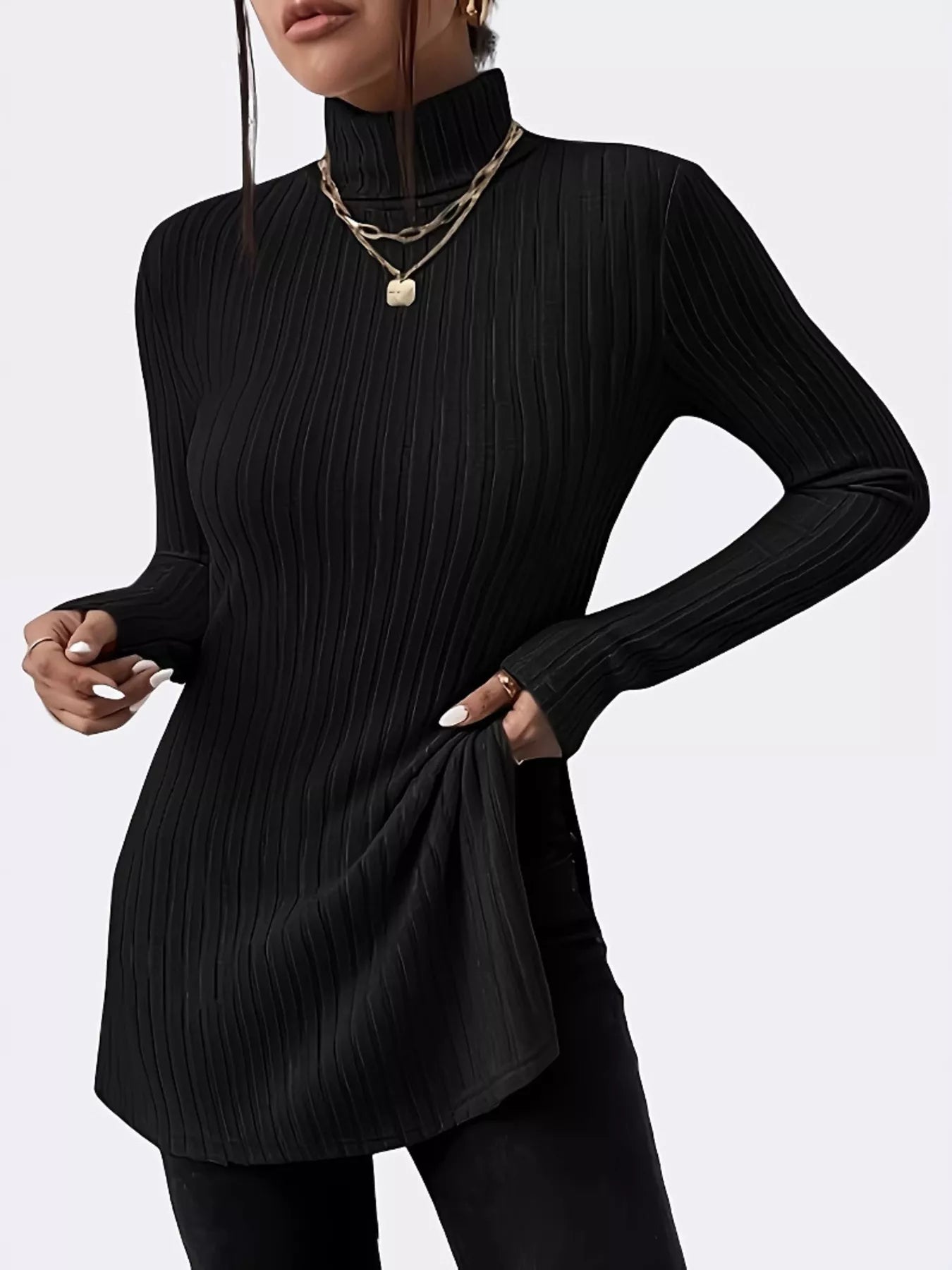 Plus Size Slit Ribbed Turtleneck Long Sleeve T-Shirt - PBNJ FASHIONS