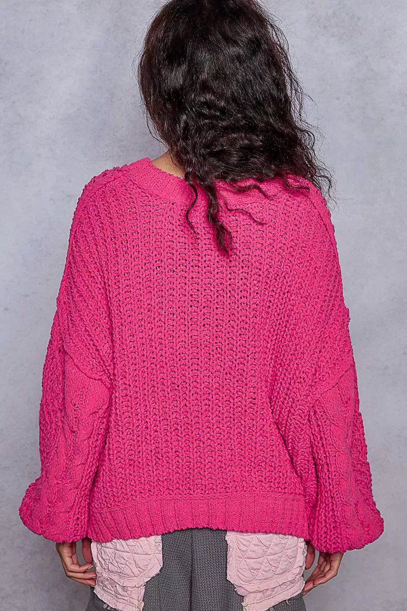 POL Cable - Knit Solid V - Neck Cropped Sweater - PBNJ FASHIONS