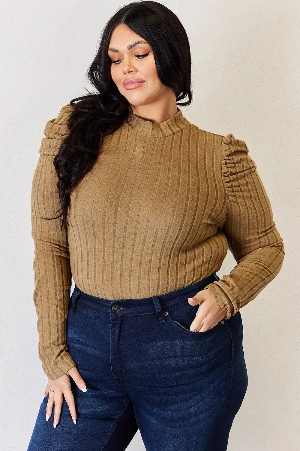 Basic Bae Full Size Ribbed Mock Neck Puff Sleeve T-Shirt - PBNJ FASHIONS