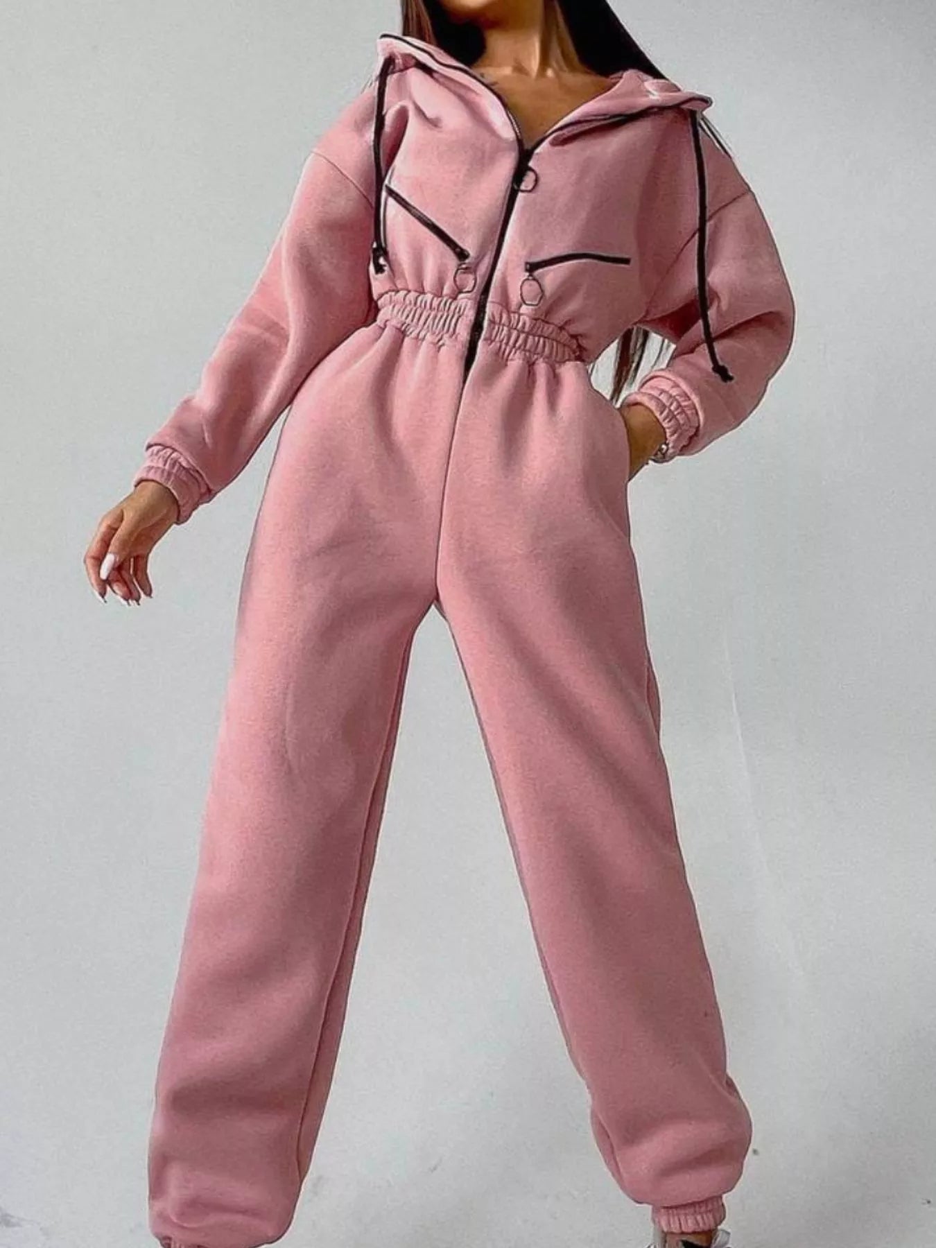 Hooded Zip - Up Long Sleeve Jumpsuit - PBNJ FASHIONS