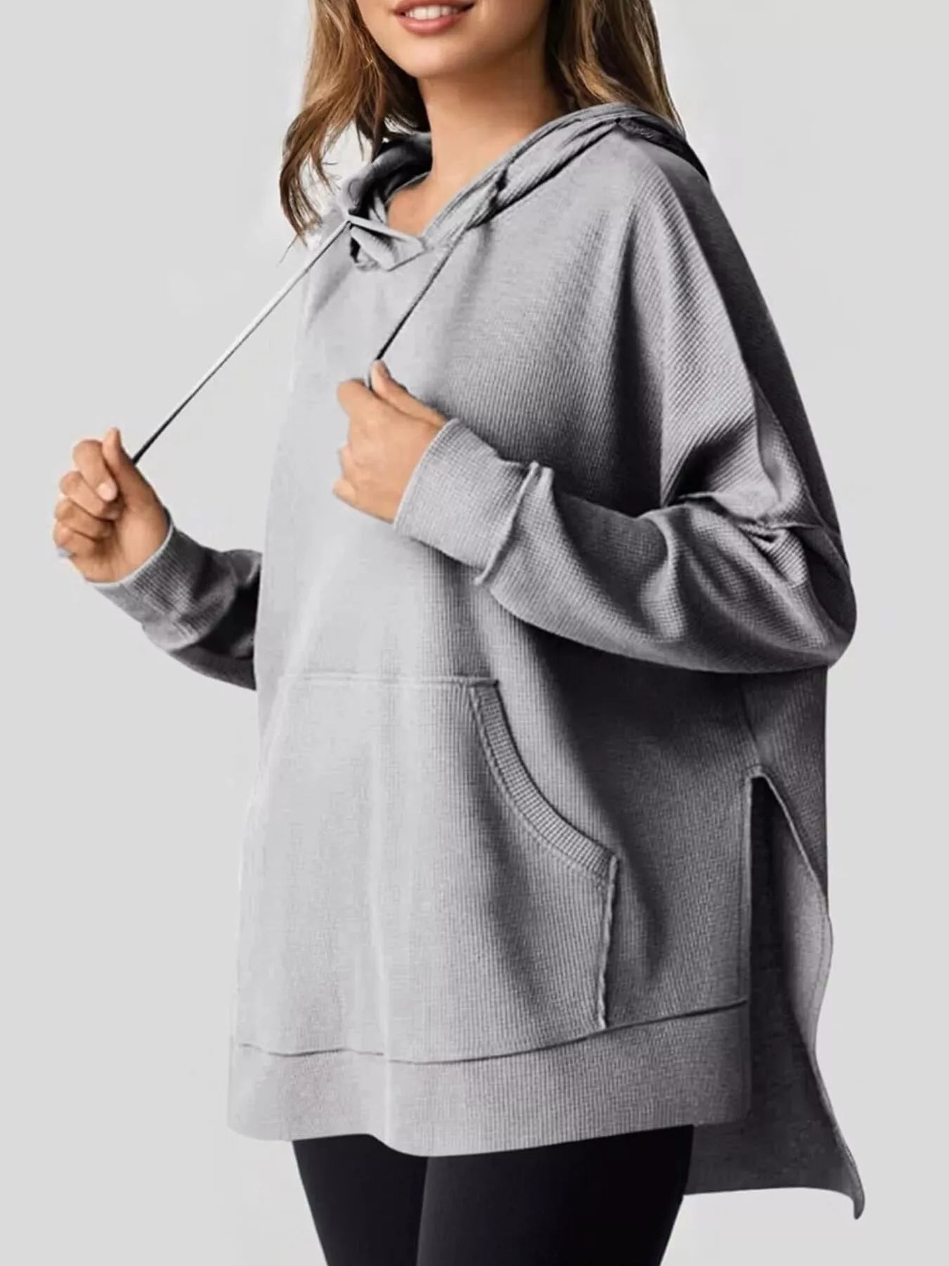 Oversized Drawstring Side Slit Hoodie - PBNJ FASHIONS