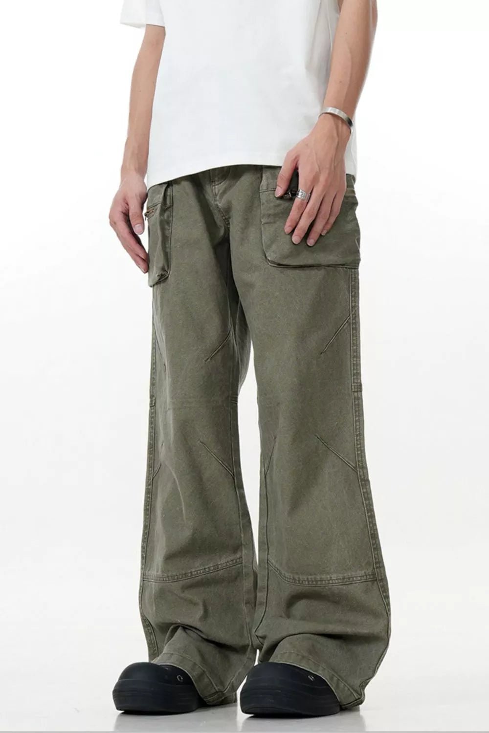 Men's Wide Leg Cargo Pants with Pocketed Style, Polyester-Spandex Blend, Machine Washable - PBNJ FASHIONS