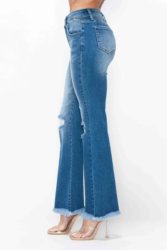 bytos Full Size Raw Hem Distressed High Rise Bootcut Jeans - PBNJ FASHIONS
