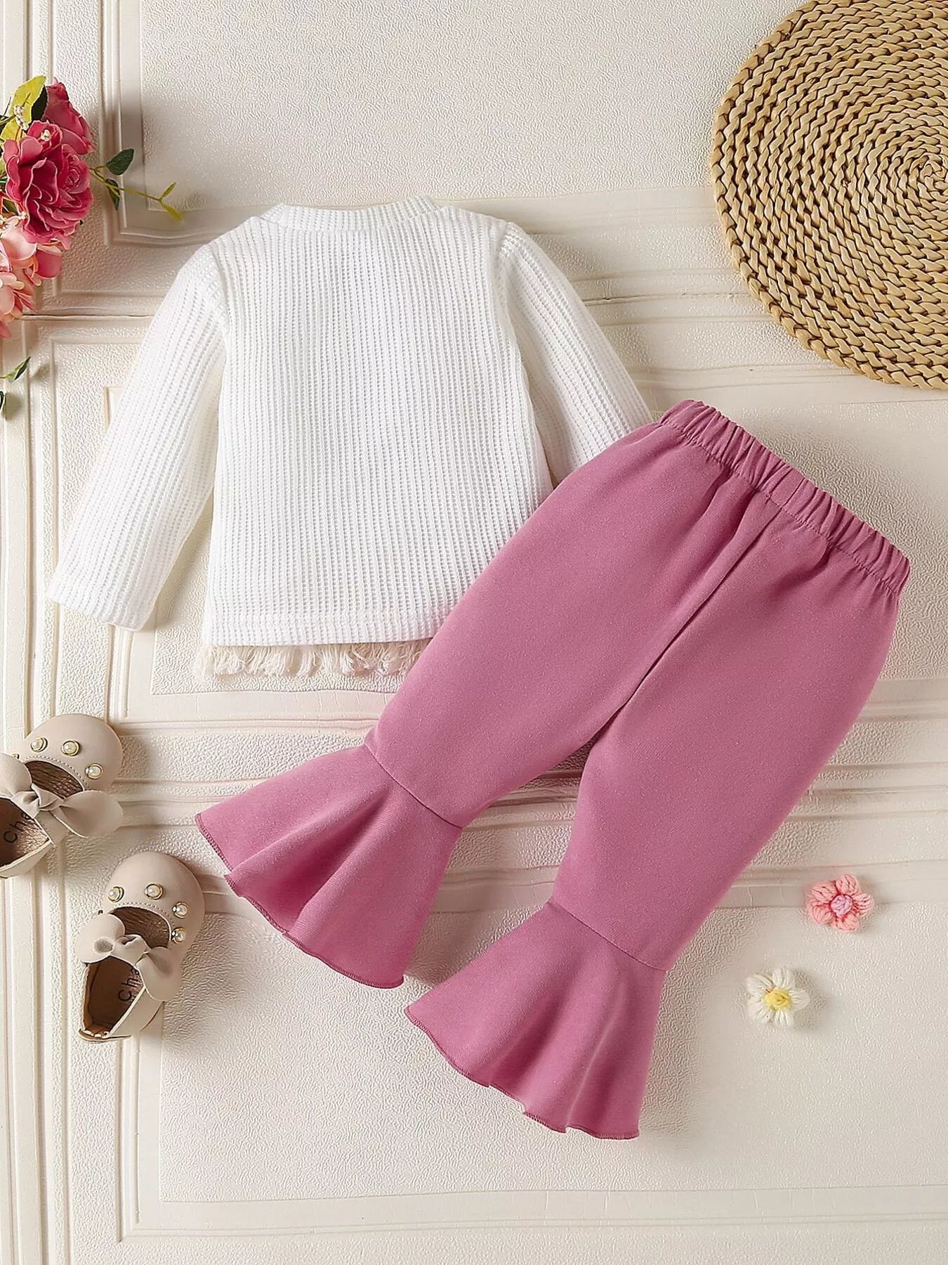 Children's Floral Applique Ribbed Top & Flare Leg Pants Set - PBNJ FASHIONS