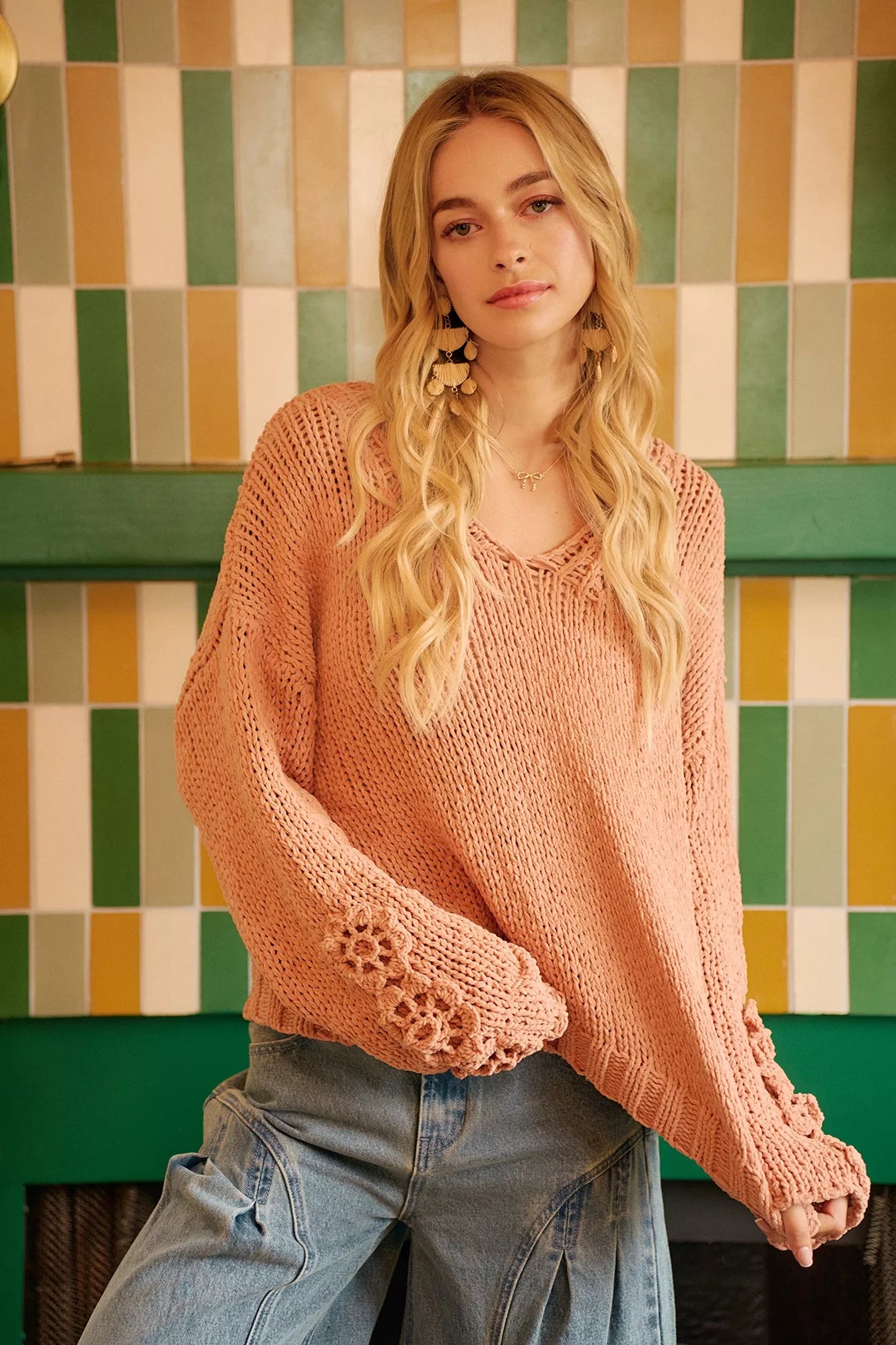 BiBi Chunky Knit Sweater with Flower Detail Sleeves - PBNJ FASHIONS