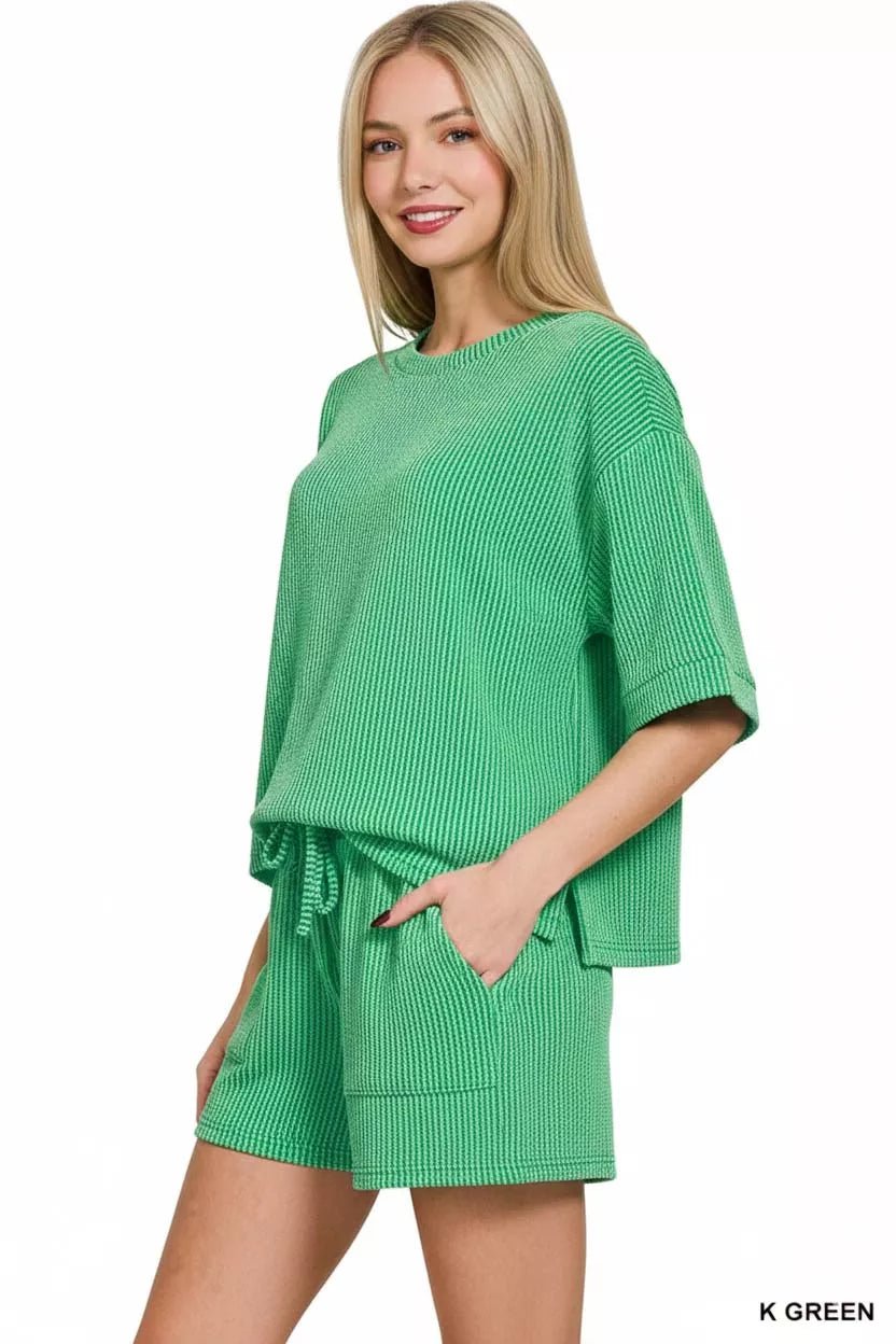 Zenana Raised Rib Short Sleeve Tee and Drawstring Shorts Set - PBNJ FASHIONS