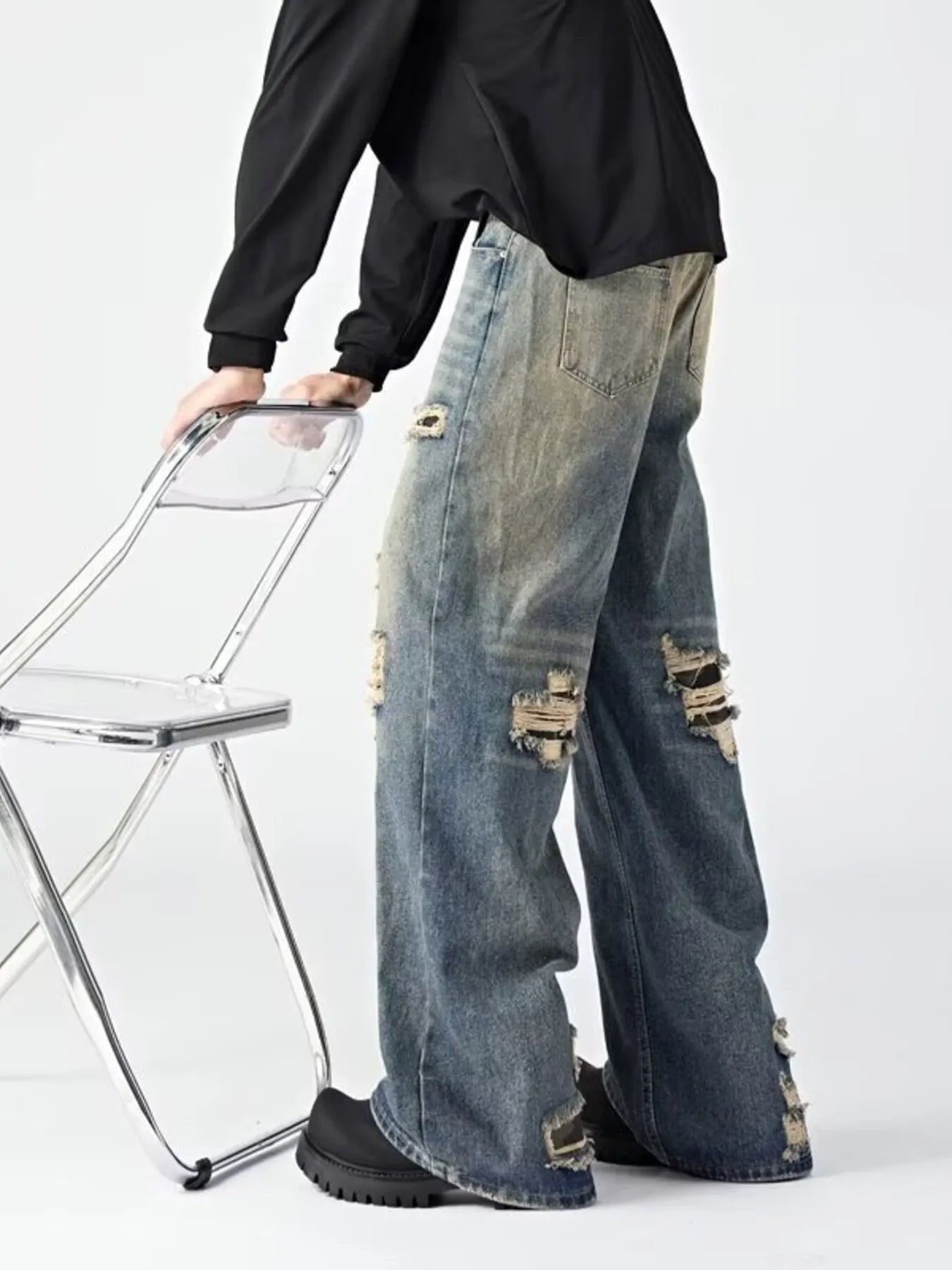 Men's Ripped Wide Leg Jeans - PBNJ FASHIONS