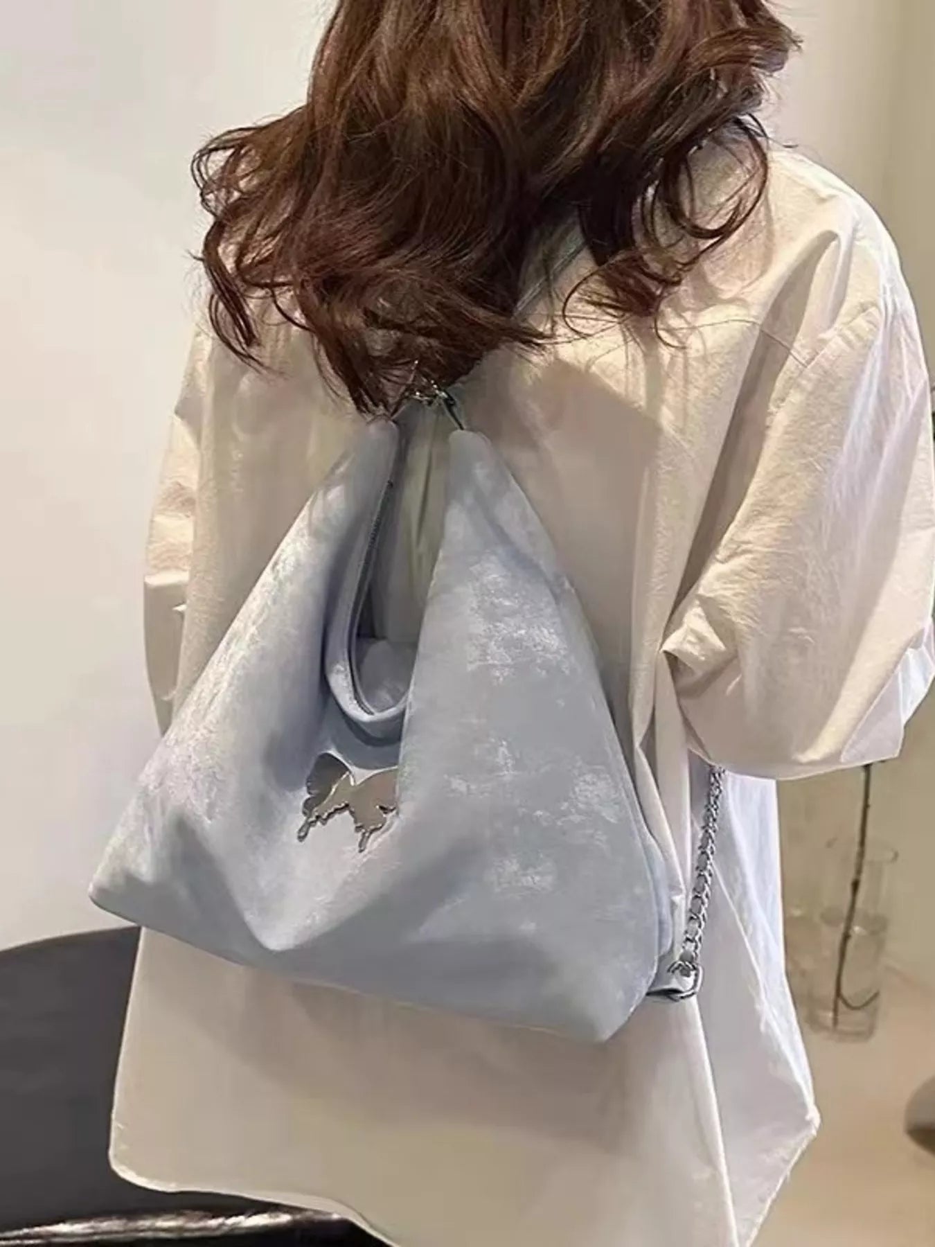 Convertible Shoulder Bag with Butterfly Decor - BlueOne Size