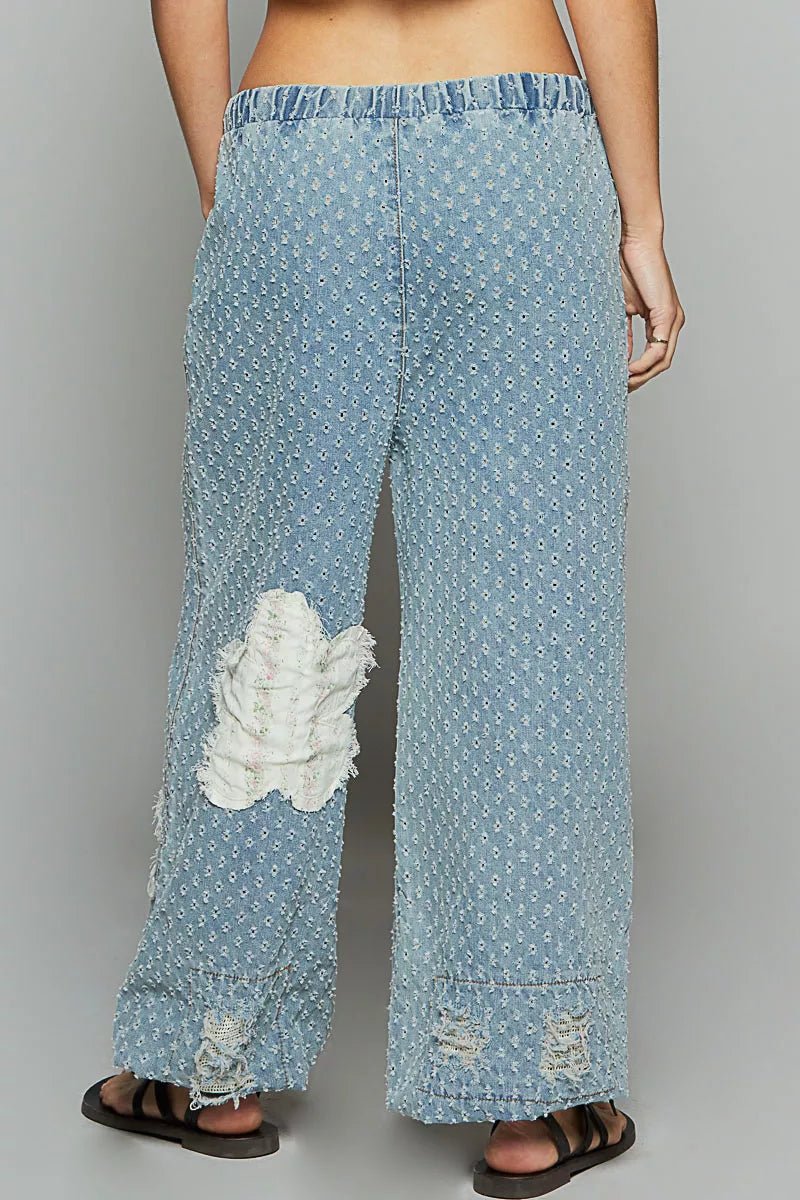 POL Floral Patch Washed Textured Twill Pants with Crochet See Thru Patch - PBNJ FASHIONS