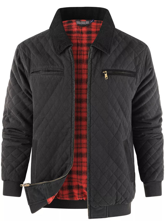 Men's Quilted Collared Neck Jacket with Plaid Lining - PBNJ FASHIONS