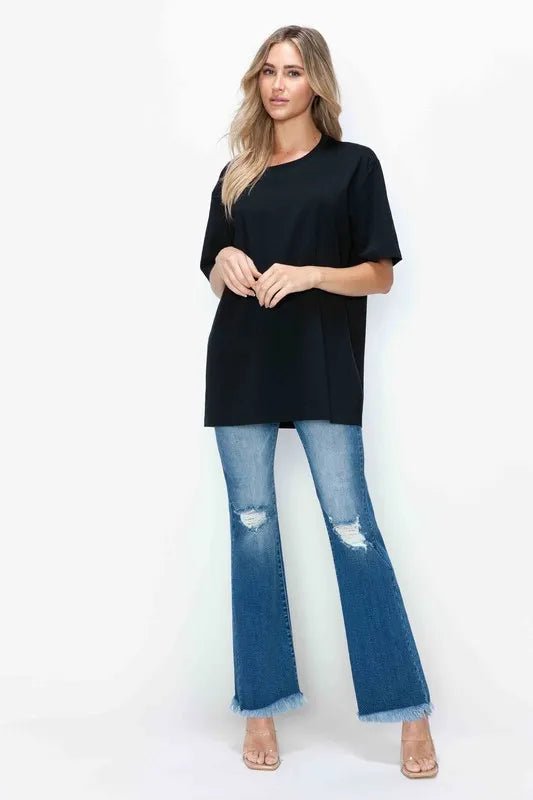 bytos Full Size Raw Hem Distressed High Rise Bootcut Jeans - PBNJ FASHIONS