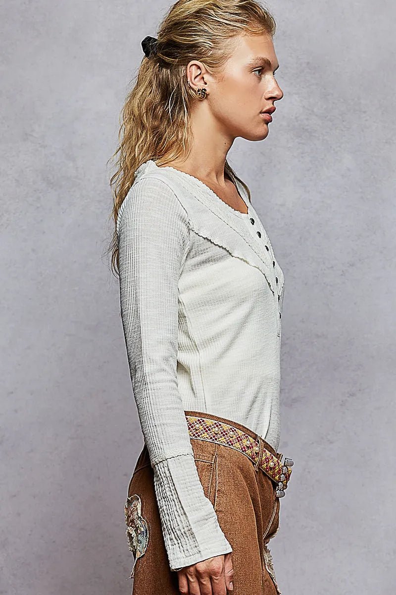 POL Ribbed Half Button Lace Detail Knit Top - PBNJ FASHIONS