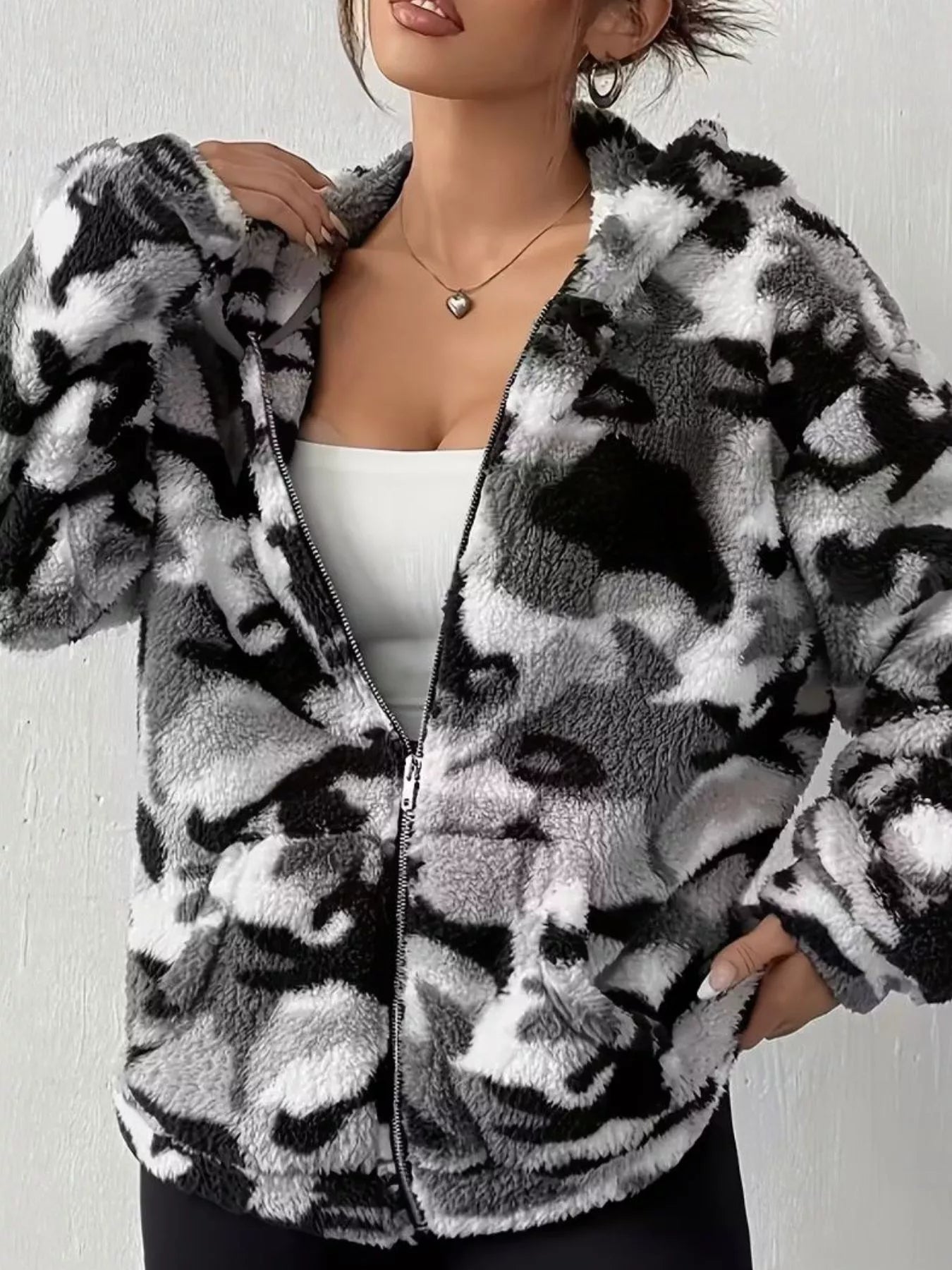 Fuzzy Camo Zip - Up Hoodie - PBNJ FASHIONS