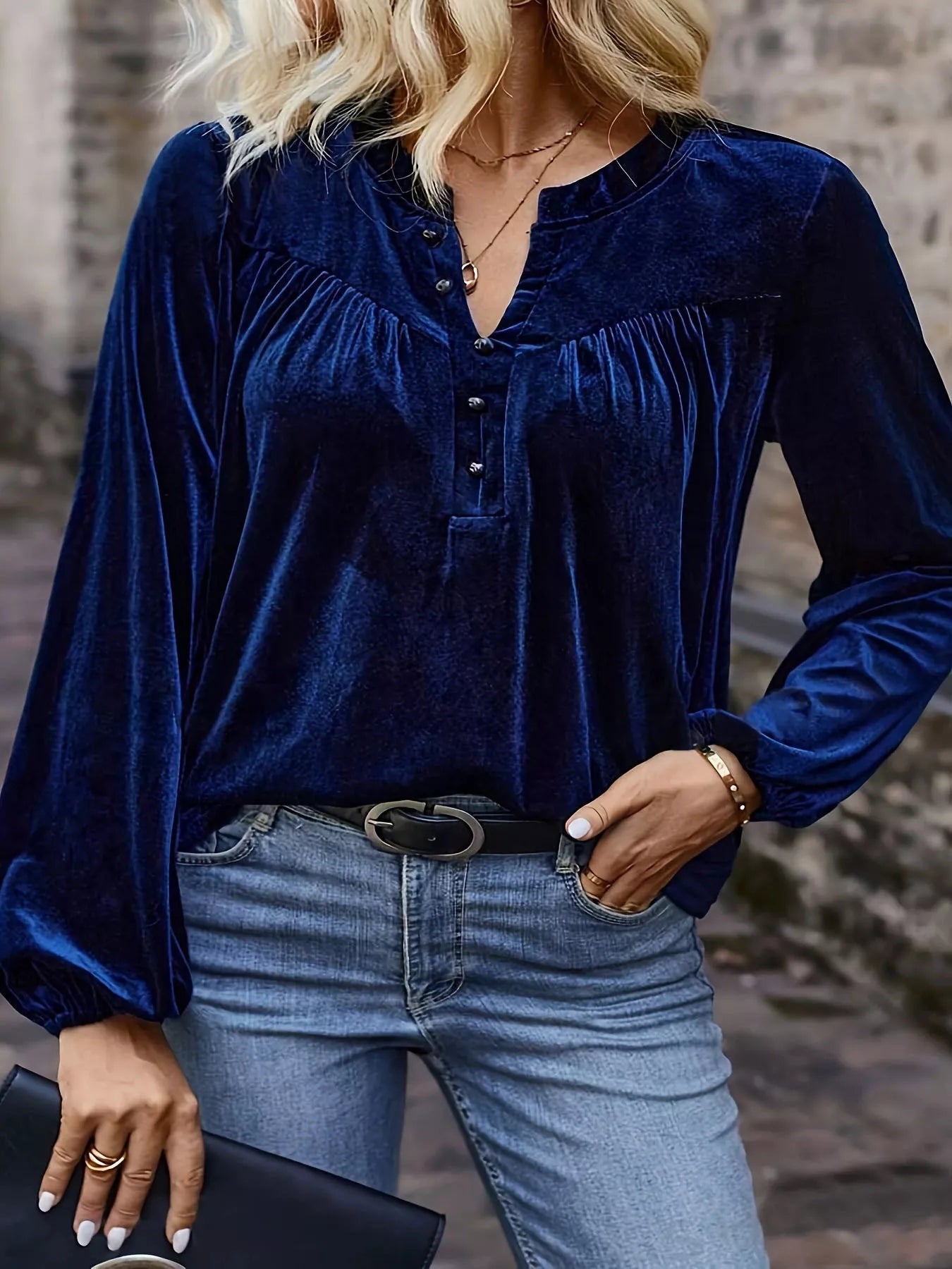 Velvet Notched Long Sleeve Blouse - PBNJ FASHIONS