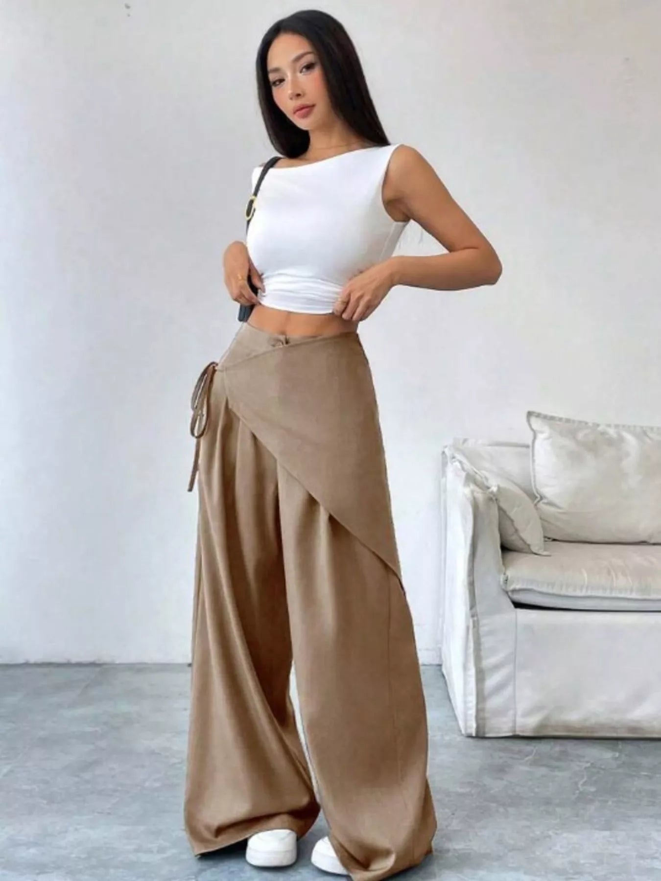 Chic Wrap Front Wide-Leg Wrap Pants - Khaki-S- - PBNJ FASHIONS