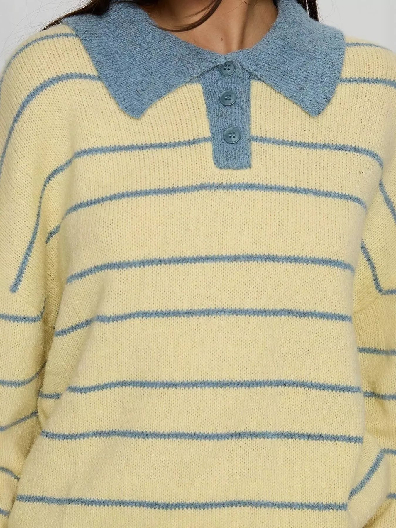 Striped Polo Collar Long Sleeve Sweater - PBNJ FASHIONS