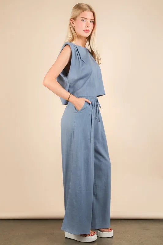 VERY J Solid Woven Top & Pants Set - PBNJ FASHIONS