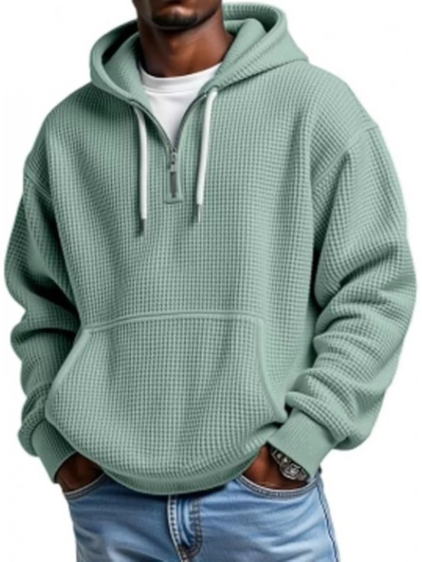 Men's Full Size Waffle Knit Quarter Zip Hoodie Plus Size - PBNJ FASHIONS