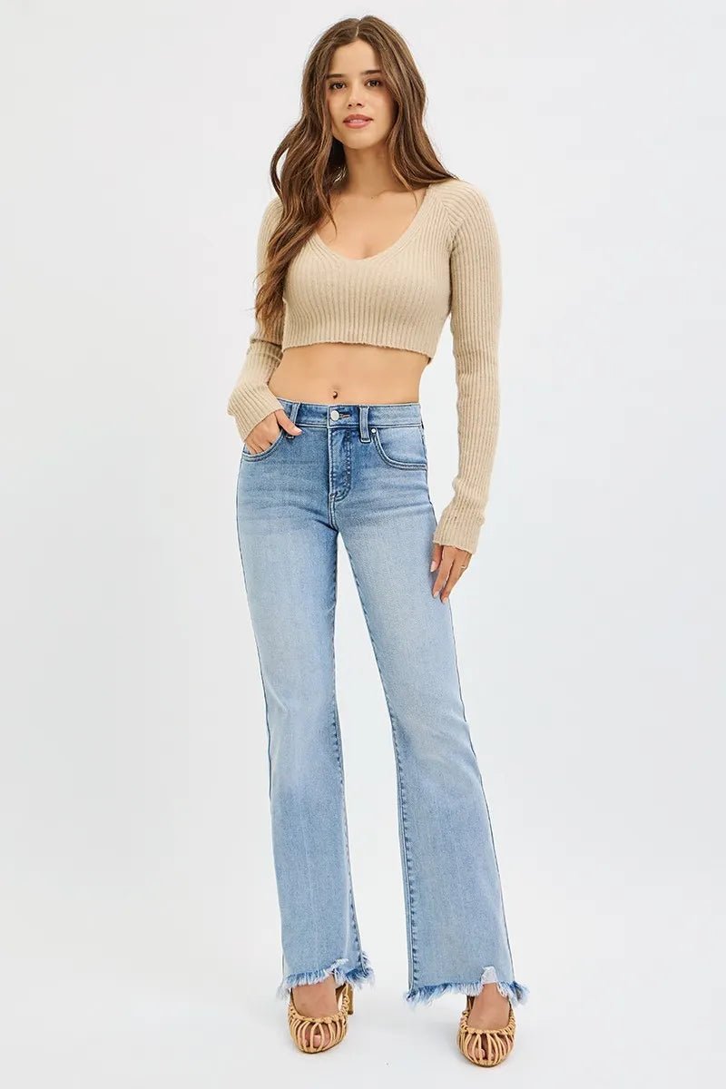 RISEN Full Size Tummy Control Mid Rise Flare Jeans with Fray Hem Detailed Plus Size - PBNJ FASHIONS