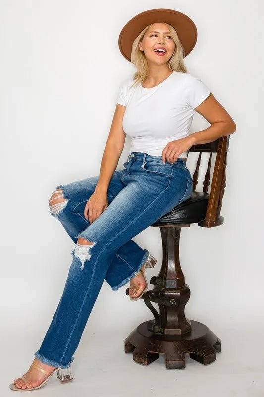 bytos Full Size Raw Hem Distressed High Rise Bootcut Jeans - PBNJ FASHIONS