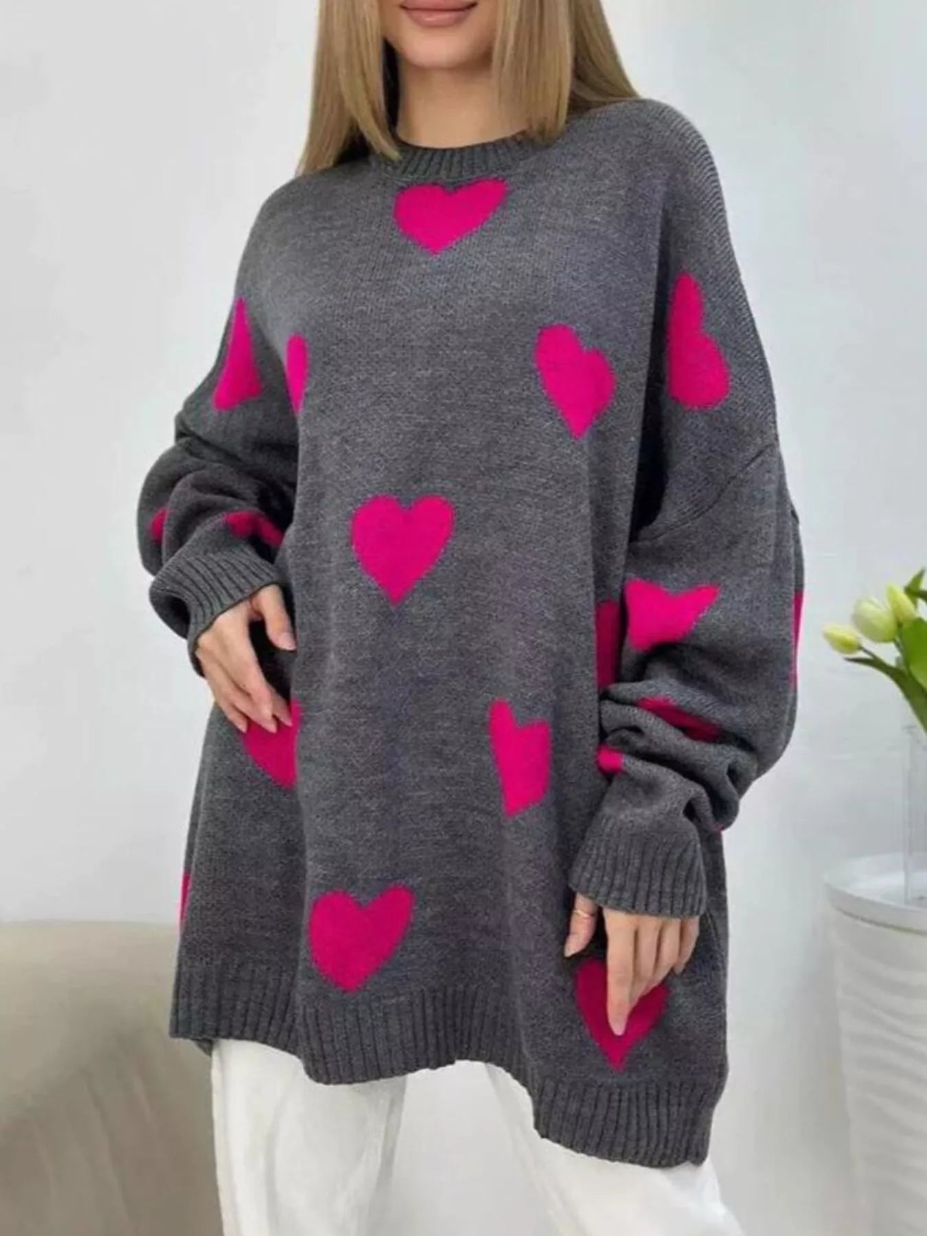 Heart Round Neck Oversized Knit Sweater - PBNJ FASHIONS
