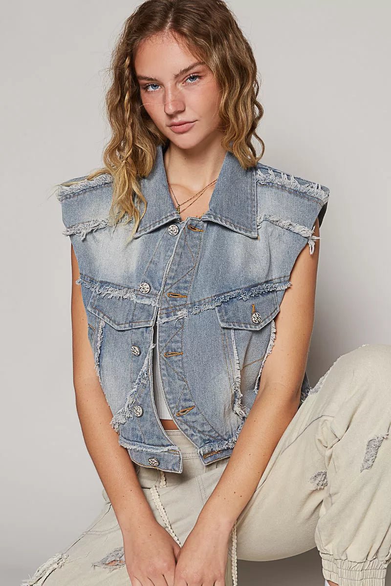 POL Assymetrical Front Closure Raw Hem Denim Vest - PBNJ FASHIONS