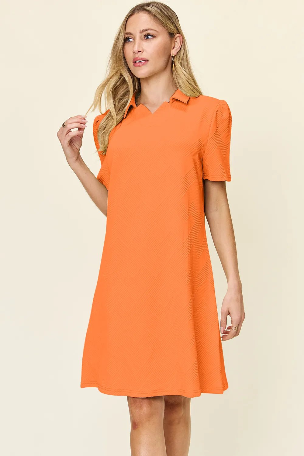 Double Take Full Size Texture Collared Neck Short Sleeve Dress - PBNJ FASHIONS