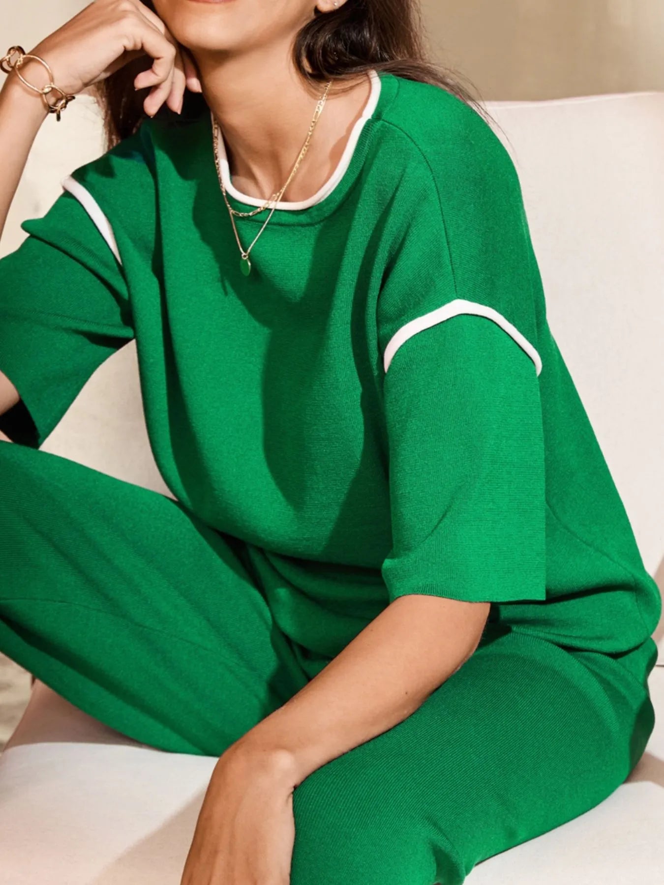 Contrast Trim T-Shirt and Drawstring Pants Set - PBNJ FASHIONS