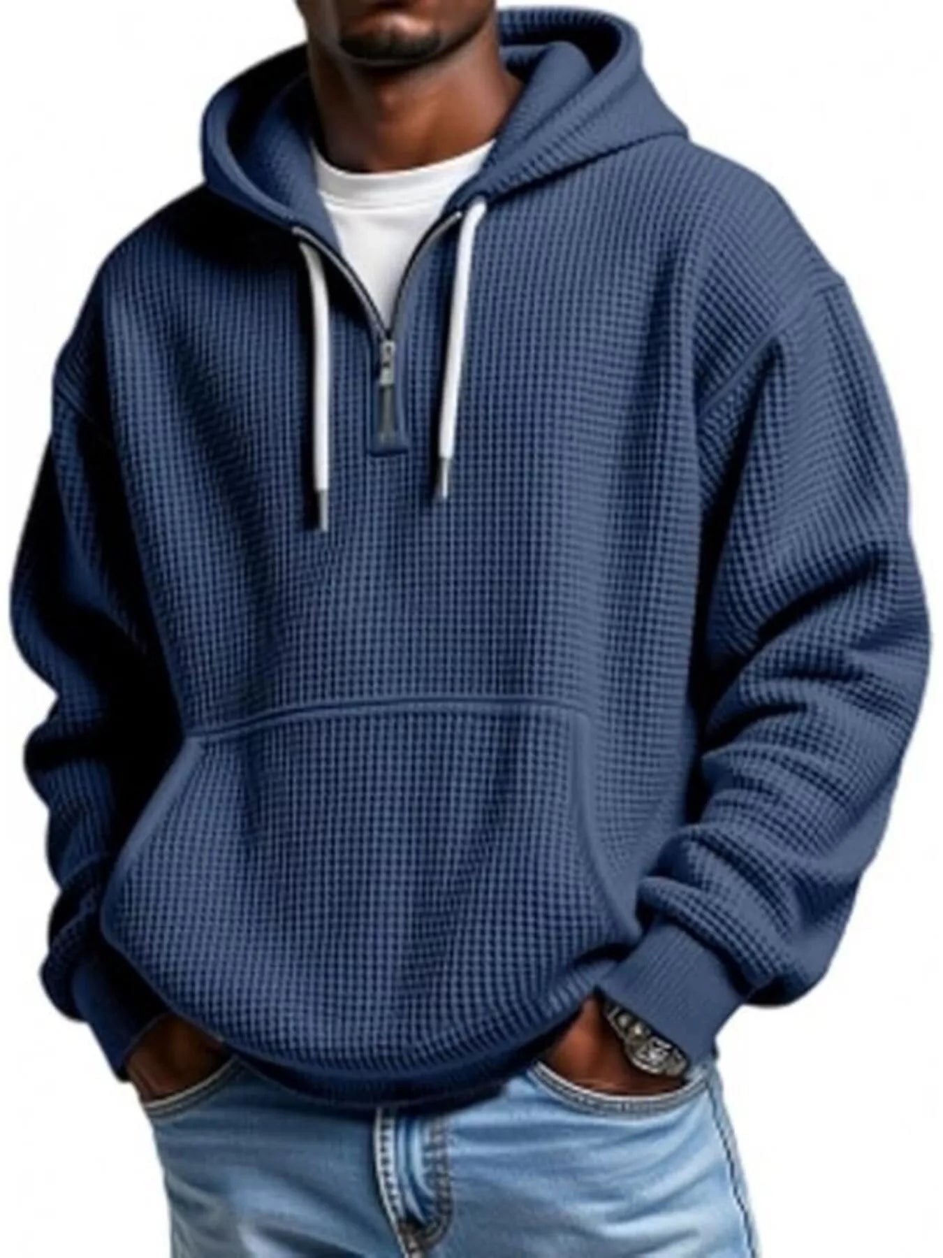 Men's Full Size Waffle Knit Quarter Zip Hoodie Plus Size - PBNJ FASHIONS