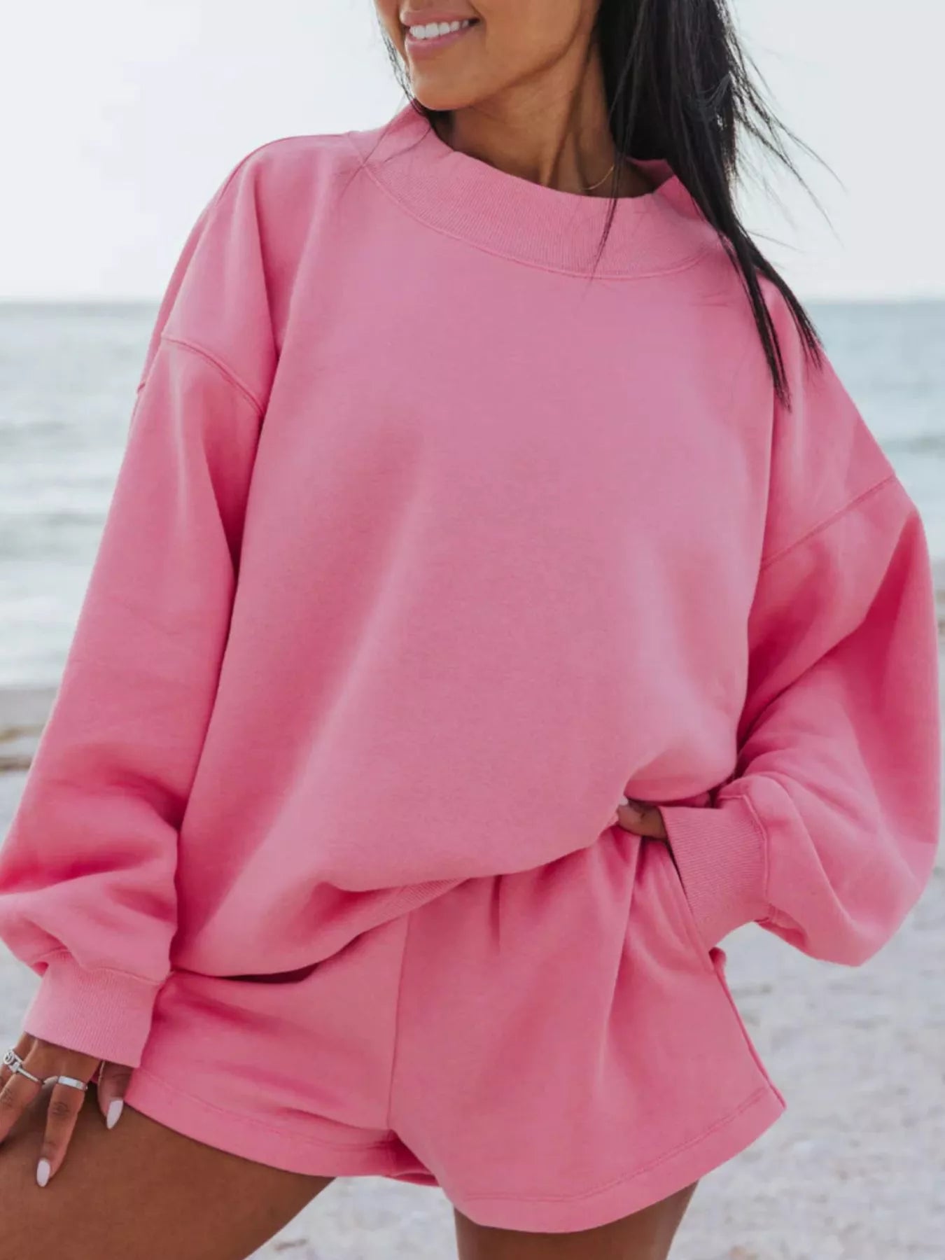 Relaxed Fit Round Neck Sweatshirt and Shorts Set - PBNJ FASHIONS